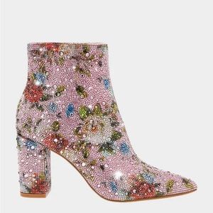 Womens Betsey Johnson Pink Floral Rhinestone Ankle Boots with Block Heel